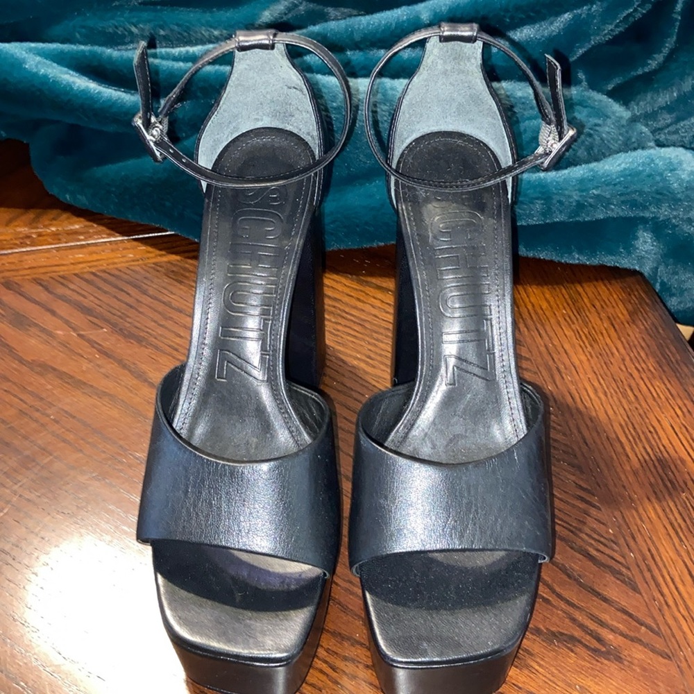 Schutz black platform open toe heels with ankle strap